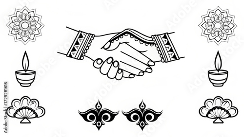 A black and white line art illustration depicting a handshake with floral and candle elements around it