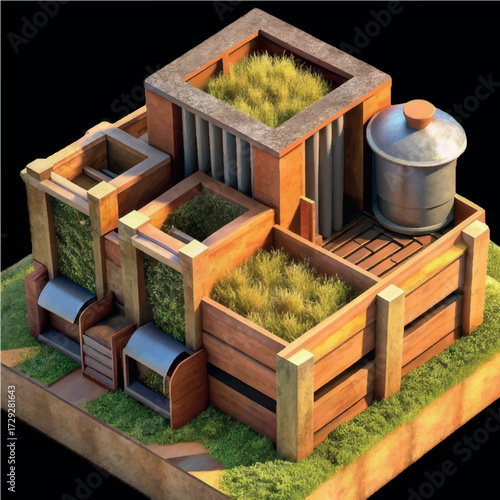 Eco-Friendly Sustainable Building: An artistic illustration of a modern, eco-friendly building emphasizing sustainable living concepts and green design principles.