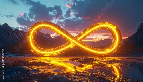 Golden infinity symbol against a dramatic sunset landscape