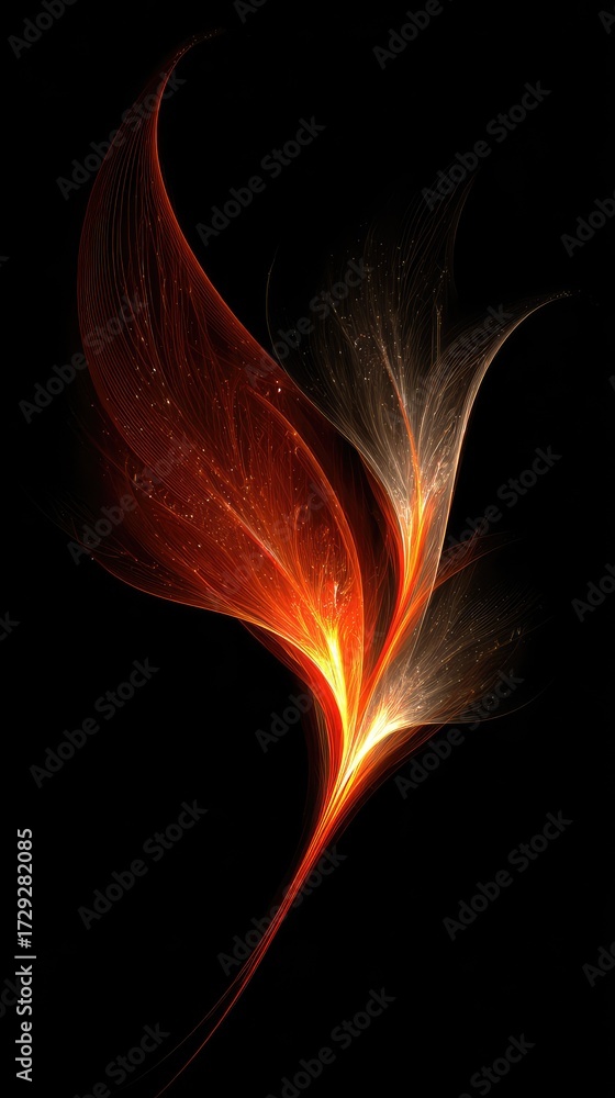 Fototapeta premium A vibrant, abstract design featuring fiery orange and pale yellow, flowing lines that resemble a flower or leaf against a rich black backdrop.