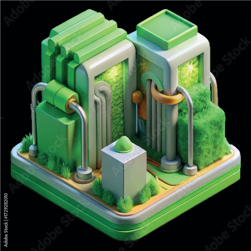 Eco-Friendly Metropolis: Isometric illustration showcases a futuristic and eco-conscious cityscape with verdant green buildings, symbolizing a harmonious fusion of technology and nature
