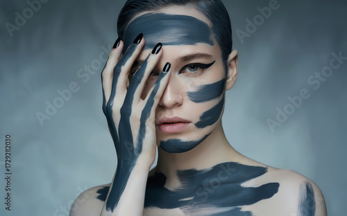intense Beauty Portrait of a Woman with Abstract Black and Gray Paint Strokes and Dramatic Makeup