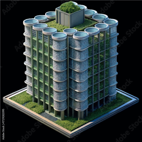 Eco-Friendly Building: A stunning, architectural marvel featuring a modern eco-friendly design, blending seamlessly with the environment through green elements and sustainable architecture.