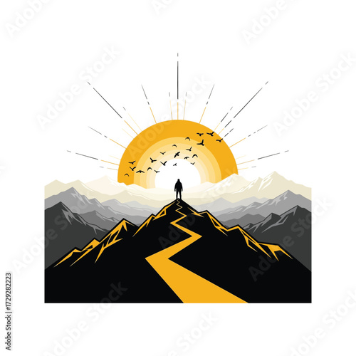 Lone figure stands on a mountain peak at sunrise with birds flying towards the sun