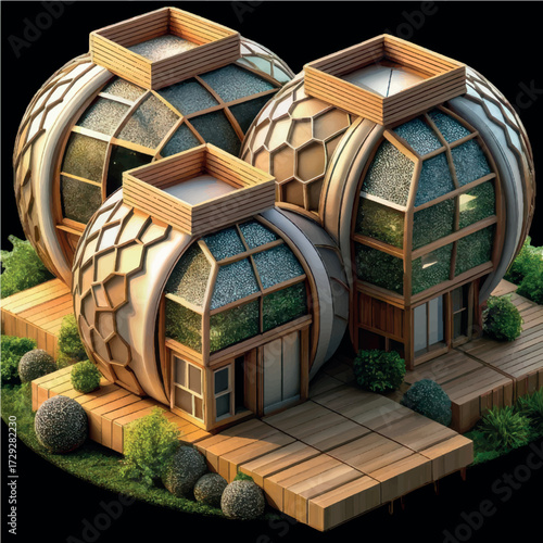 Eco-Friendly Dwellings: Architectural marvels of sustainability, spherical homes, embracing nature and futuristic design, merging seamlessly with their lush surroundings.