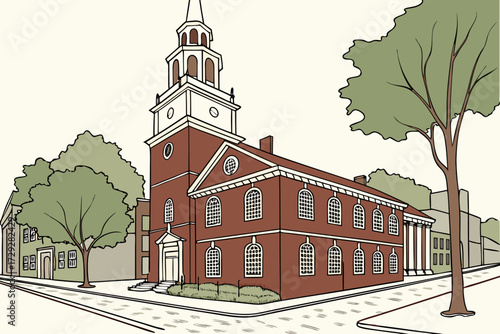 Christ Church in Philadelphia, Pennsylvania, colonial red-brick church with white steeple and cobblestone street setting
