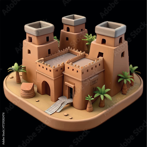 Ancient Citadel Model: A stylized miniature of an ancient citadel, rendered in warm earthen tones, stands as a testament to history. Complete with battlements and palm trees.