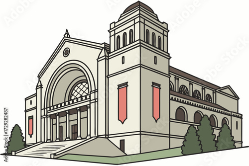 Cincinnati Art Museum in Cincinnati, Ohio, Romanesque stone façade with banners of current exhibits