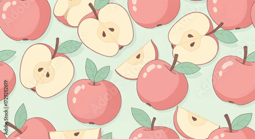 A delightful seamless pattern of cartoon red apples, fruit halves, and slices on a pastel background