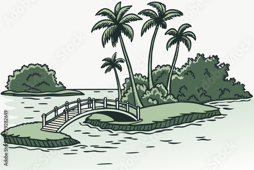 Coconut Island in Hilo, Hawaii, tiny park island with bridges, palms, and calm bay waters