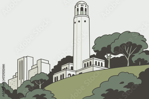 Coit Tower in San Francisco, California, white art deco column rising above Telegraph Hill