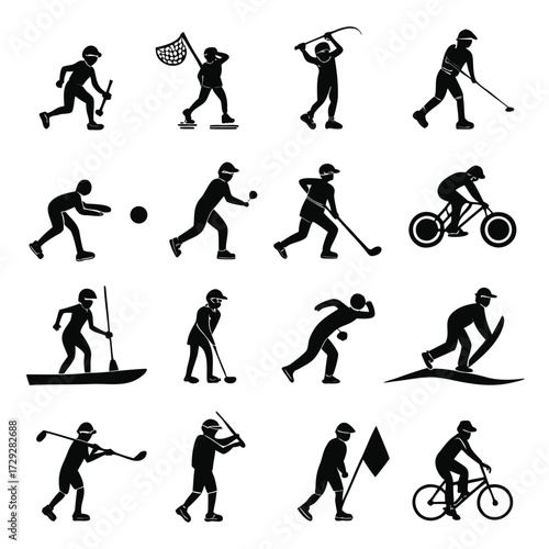 Silhouettes of athletes engaged in various sports action
