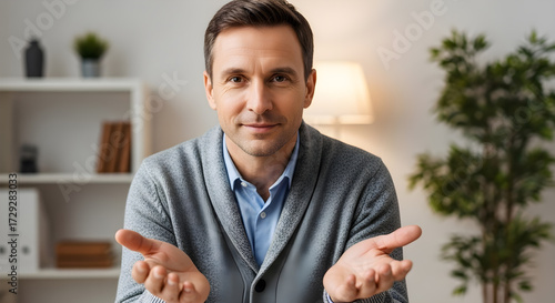 Friendly man explains something while sitting at a desk
