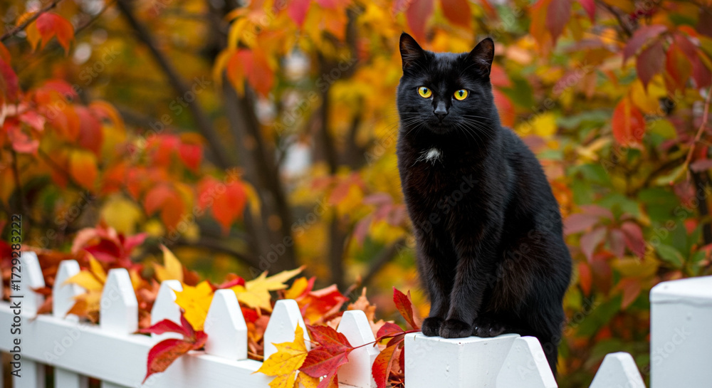 Black cat sitting on white picket fence with autumn leaves, outdoor ...