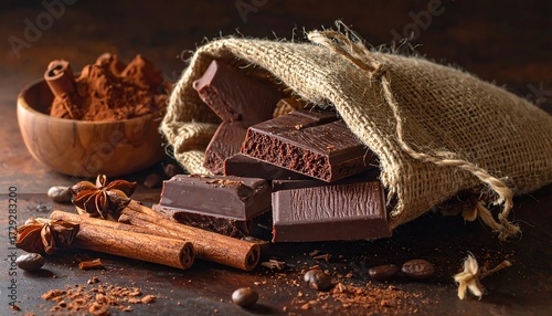 Dark chocolate pieces in burlap bag with spices