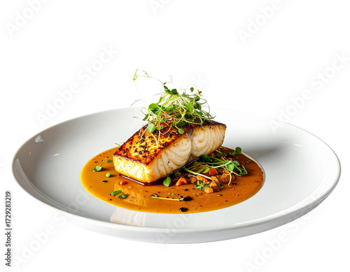 Sophisticated Culinary Art – Perfectly Seared Fish with Premium Garnish and Crystal Wine Glass PNG