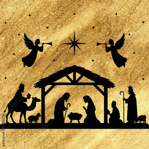 Vector elegant nativity scene  silhouette with Mary, Joseph, baby Jesus under the star of Bethlehem, surrounded by angels. For Christmas golden cards, decor, crafts, religious art