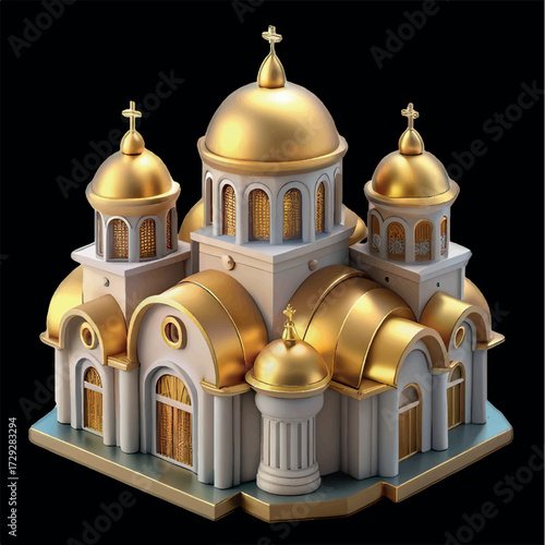 Golden Domed Cathedral: A meticulously crafted cathedral with golden domes and intricate architectural details, radiating a sense of reverence and grandeur against a pure background.