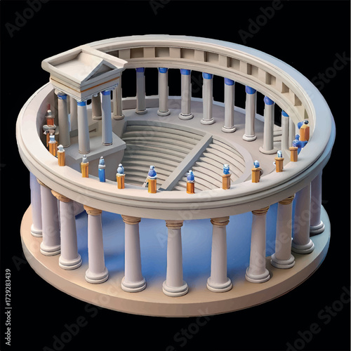 Ancient Circular Architecture: An artistically rendered, idealized depiction of a majestic ancient circular structure with tiered levels, tall columns, and intricate architectural detailing.