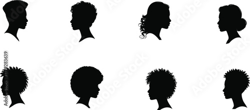 Hairstyle silhouette profiles, diverse hair textures, curly and wavy styles, afro and spiky designs, cultural fashion expression, beauty portrait illustration