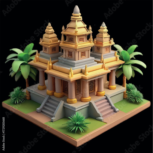 Ancient Temple Amidst Lush greenery: An ancient temple, rendered with captivating detail, stands majestically. Surrounding the temple are lush green trees.