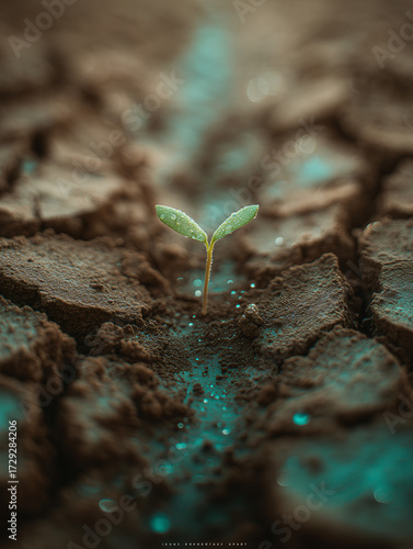 A single green seedling emerging from cracked dry soil, gentle micro water droplets from a drip emitter, climate-resilient agriculture theme, 