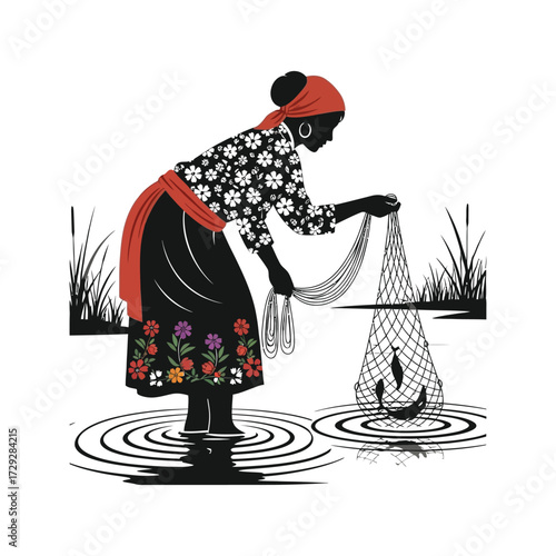 Silhouette of a woman in traditional clothing fishing with a net in a calm lake with reeds