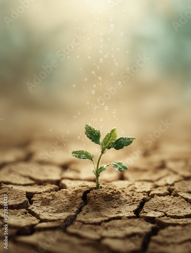 A single green seedling emerging from cracked dry soil, gentle micro water droplets from a drip emitter, climate-resilient agriculture theme, 