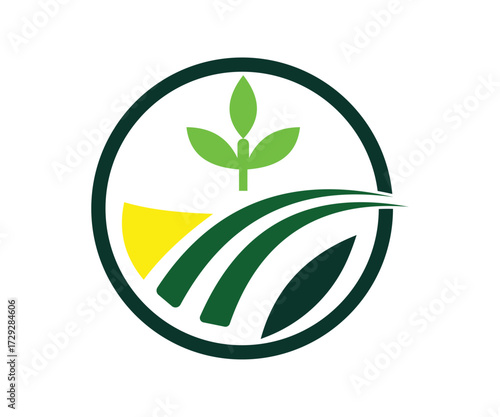 “Agriculture and Agronomy Logo Design with Eco Farmhouse, Plant Fields, and Leaf Wordmark Vector Illustration”