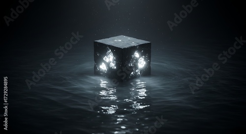 Abstract cube floating in water with glowing elements and reflections