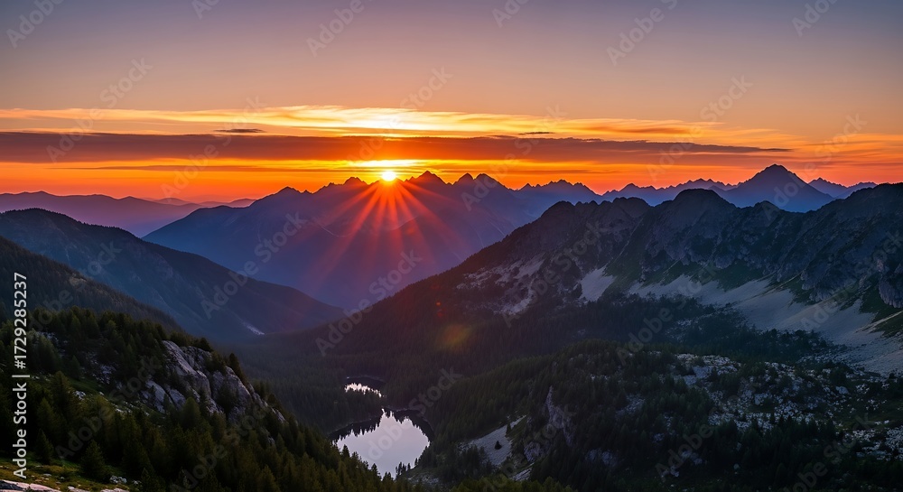 Obraz premium Sunset over Majestic Mountains and Serene Lake.