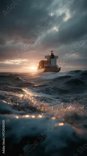 A large cargo ship sailing on the ocean at sunset, cinematic wide shot, dramatic sky, soft golden light reflecting on the waves