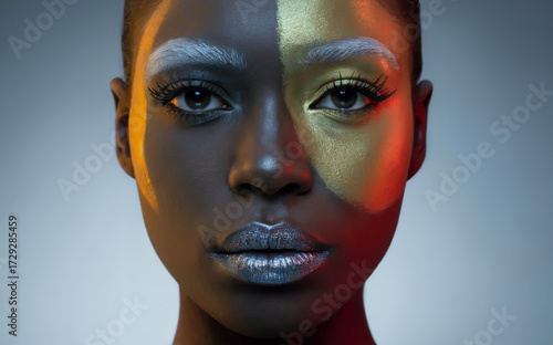 Striking Split-Face Beauty Portrait with Creative Metallic Makeup and Color Gels on a Dark-Skinned Woman