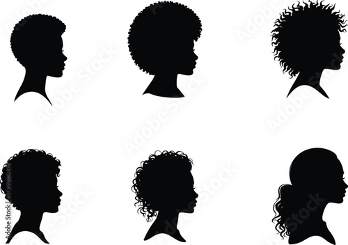 Female hairstyle silhouette, natural hair profile, curly and wavy styles, afro texture design, beauty diversity, cultural expression, fashion icon illustration