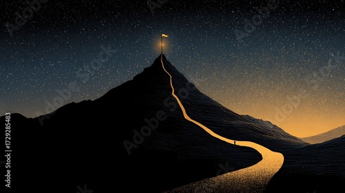 Golden path leading to a glowing mountain peak under a starlit sky symbolizing success, and the journey to personal achievement. A surreal silhouette of a glowing mountain peak with starry night sky