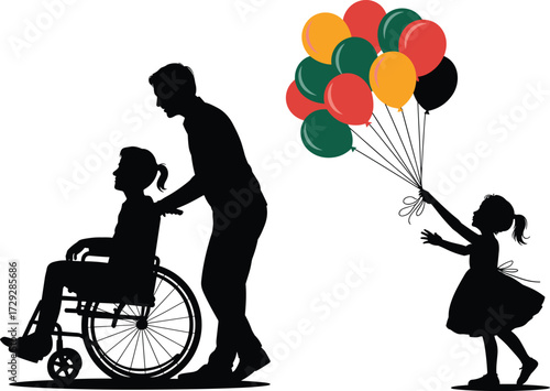 Wheelchair silhouette illustration, child with balloons, caregiver support figure, inclusion and compassion design, family care concept, diversity inspiration, kindness community artwork