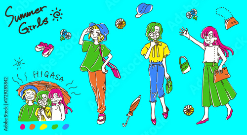 シンプルかわいい手書きの夏コーデ女子たちのイラスト素材