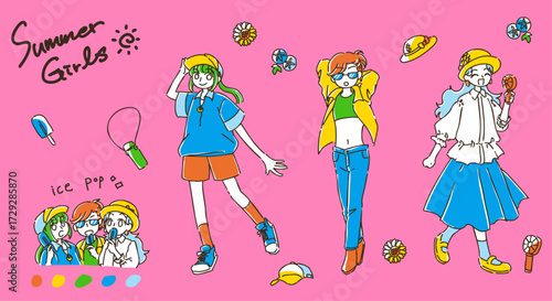 シンプルかわいい手書きの夏コーデ女子たちのイラスト素材