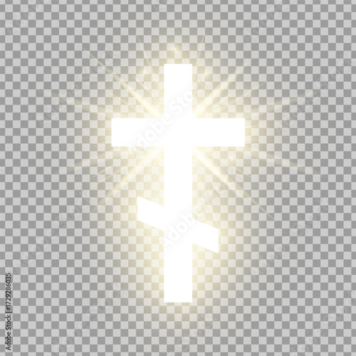 Shining gold Orthodox cross isolated on transparent background. Riligious symbol. Glowing Saint cross. Easter and Christmas sign. Vector illustration