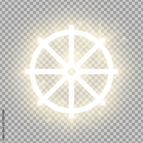 Shining gold Wheel of Dharma isolated on transparent background. Glowing Buddhism sign. Riligious symbol. Vector illustration