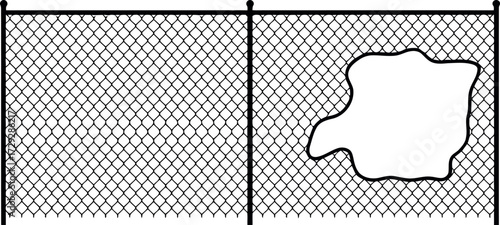 Chain link fence with hole security barrier security breach protection vector Hand drawn