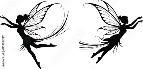 Fairy silhouette illustration, magical fantasy art, flying fairy wings, mystical creature design, enchanted female figure, whimsical inspiration, mythical character drawing