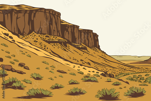Columbia Plateau Desert in Washington, arid basalt cliffs and shrub-covered plains