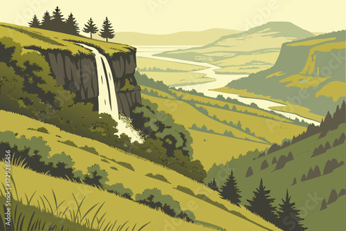 Columbia River Gorge Fields in Oregon, grassy hillsides with waterfalls cascading nearby