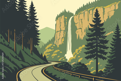 Columbia River Gorge Scenic Highway in Oregon, historic road with waterfalls and basalt cliffs