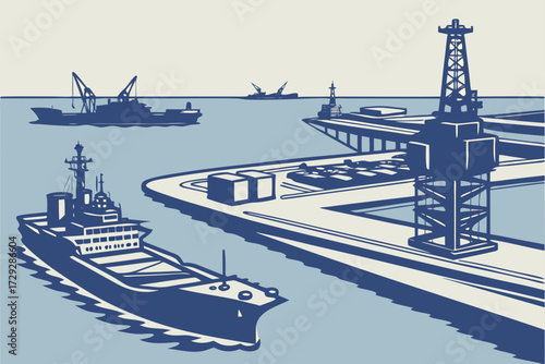 Corpus Christi Harbor in Texas, naval ships and oil rigs dotting expansive Gulf waterfront