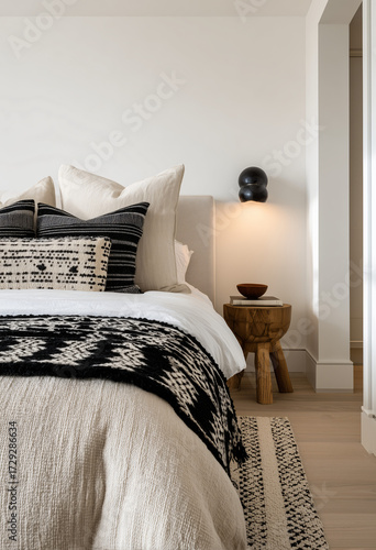 a bedroom with white walls, a beige bed and black patterned bedding, an illuminated sconce on the wall above it, a small wooden stool beside the bedside table