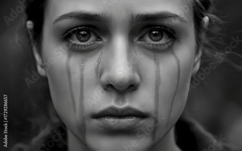 Dramatic Black and White Close-up of a Young Woman with Tears Streaming Down Her Face