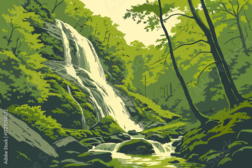 Crabtree Falls in Virginia, series of cascades tumbling down mossy rocks in the Blue Ridge Mountains