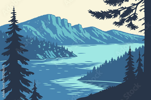 Crescent Lake in Oregon, shimmering blue waters with volcanic ridges and forested shoreline